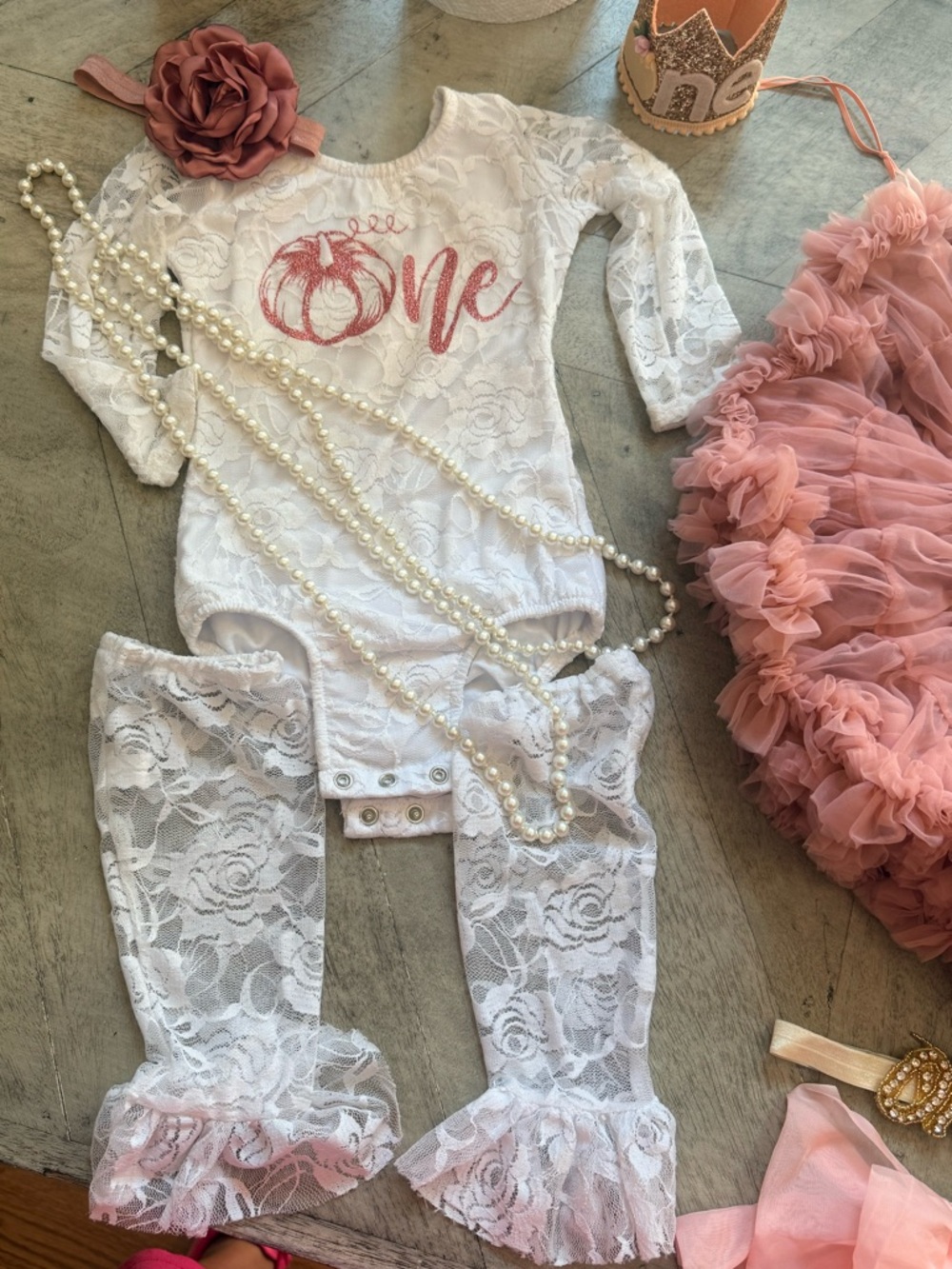 White Lace Baby Outfit with Rose Gold/Pink "One" Design